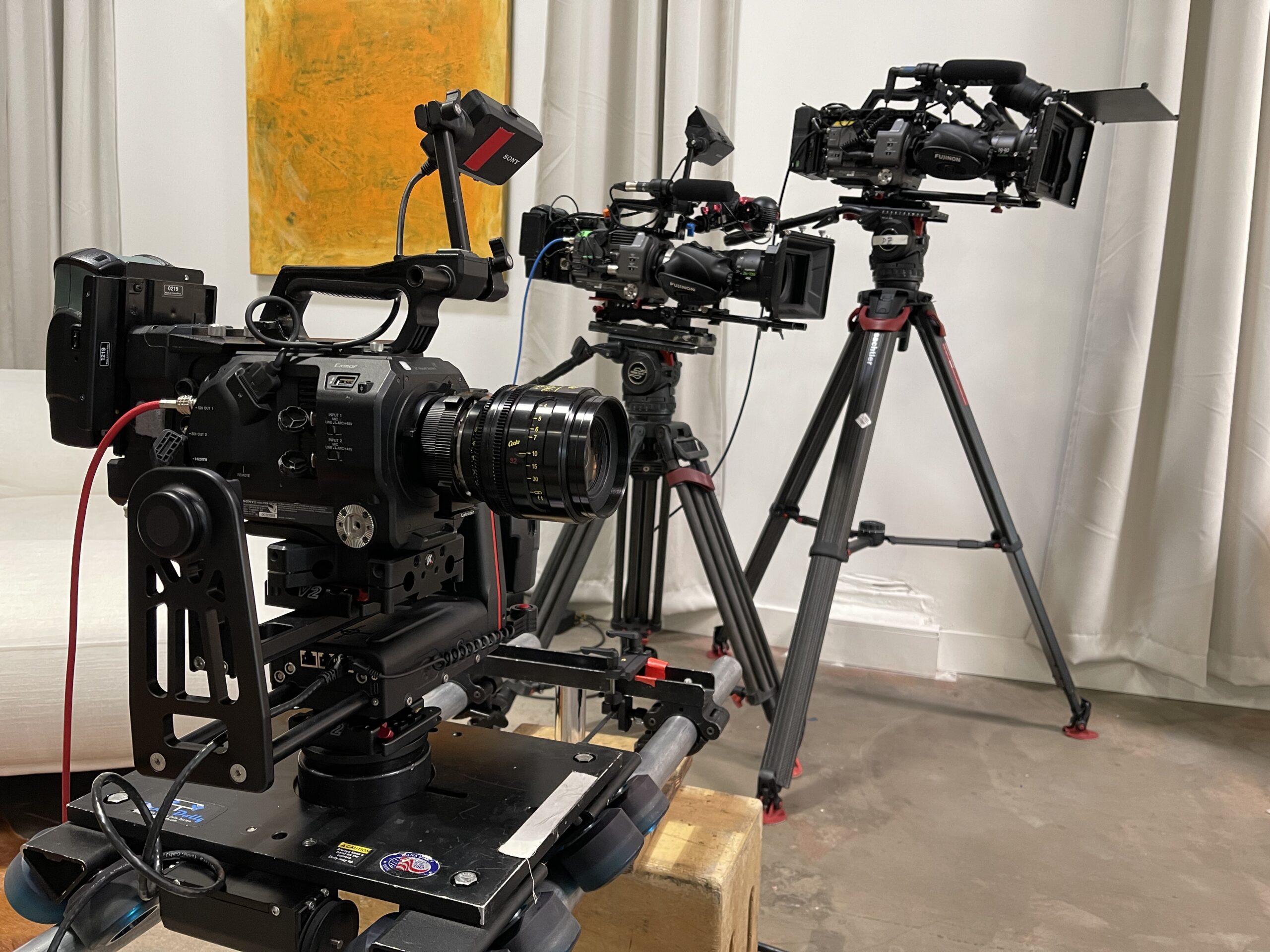 Multiple video cameras prepared for filming